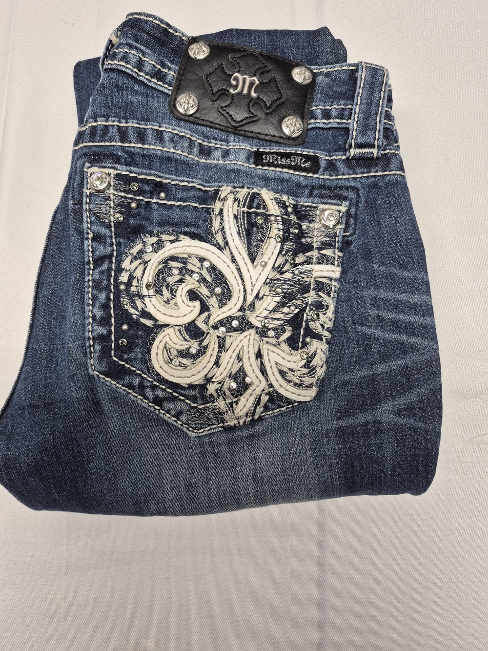 Miss Me Blue Boot Cut Jeans with Cream Embroidered Pocket